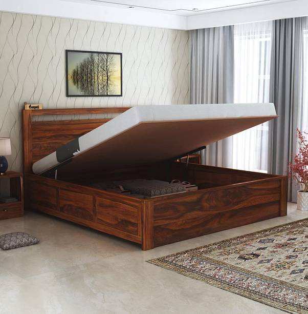Ganpati Arts Solid Sheesham Wood Jaipur Queen Size Bed With Hydraulic Storage Bed For Bedroom Solid Wood Queen Hydraulic Bed, 205.74 cm x 157.48 cm (6.75 ft x 5.17 ft)