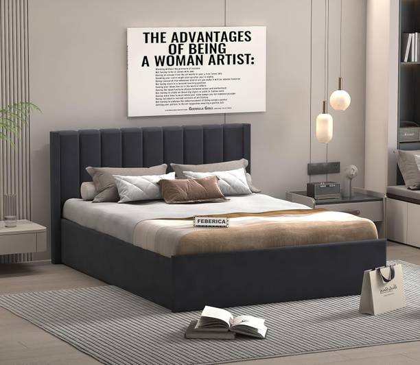 FEBERICA Queen Size Upholstered Bed with Vertical Panel Headboard Modern Fabric Bed Frame Engineered Wood Queen Box Bed, 205.74 cm x 152.4 cm (6.75 ft x 5.0 ft)
