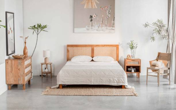 Shagun Arts HEXA Rattan Cane Webbed Solid Wood Queen Size Bed For Bedroom/ Kids Room || Solid Wood Queen Bed