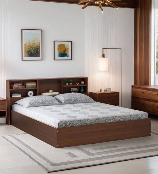 Mintwud from Pepperfry Seto Bed in Planked Walnut finish with Box Storage & Headboard Storage Engineered Wood Queen Box Bed, 216 cm x 160 cm (7.09 ft x 5.25 ft)