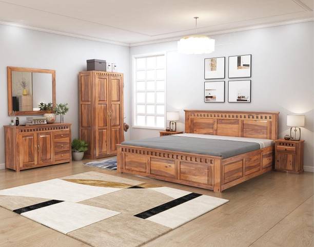 SONA ART & CRAFTS Sheesham (Rosewood) Bed with Bedside, Almirah, Sideboard, Mirror for Bedroom Solid Wood Queen Bed