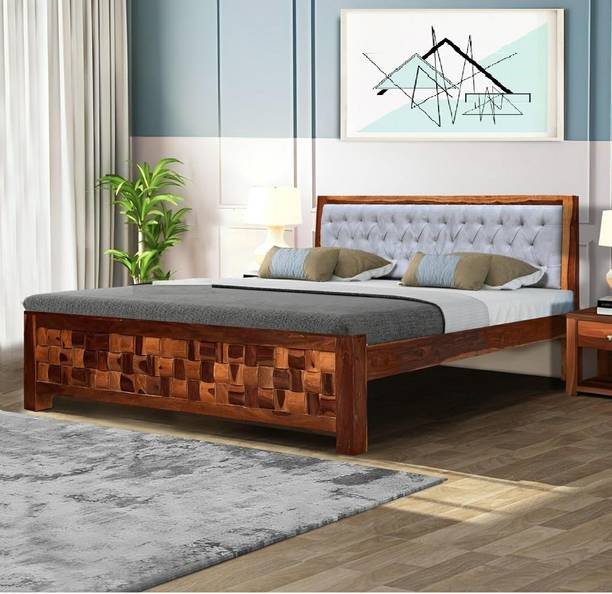 WoodMart Greyish Upholstered Cushion Solid Wood Queen Bed