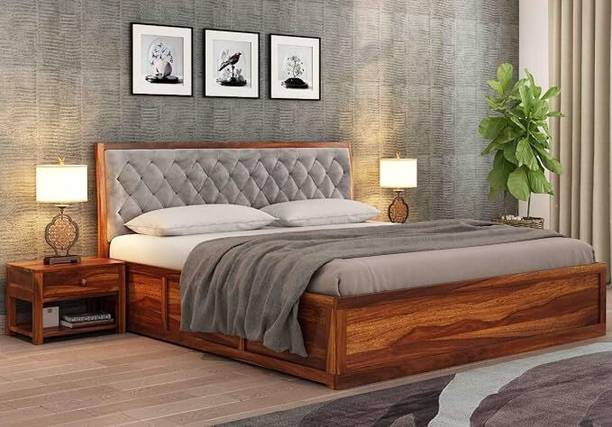 WOODSTAGE Sheesham Wood King Size Bed with Box Storage (Teak Finish, Grey) Solid Wood King Box Bed, 193.04 cm x 208.28 cm (6.33 ft x 6.83 ft)