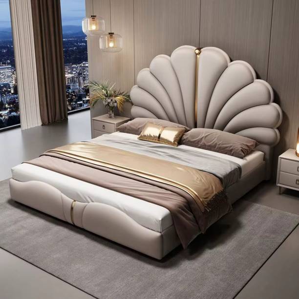 Woodpicker BUTTERFLY LUXURY Double Bed With SUEDE Fabric Headboard & Footboard For Bedroom Solid Wood King Box Bed, 183 cm x 184 cm (6.0 ft x 6.04 ft)
