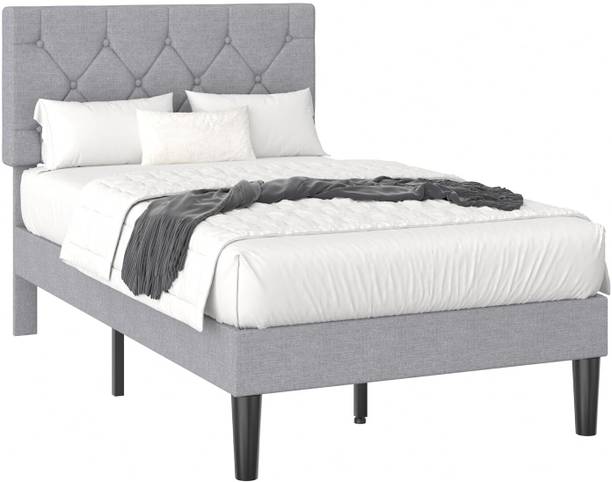 DMK Button Tufted Headboard, Upholstered Platform Bedframe with Wood Slat Support Metal Queen Bed