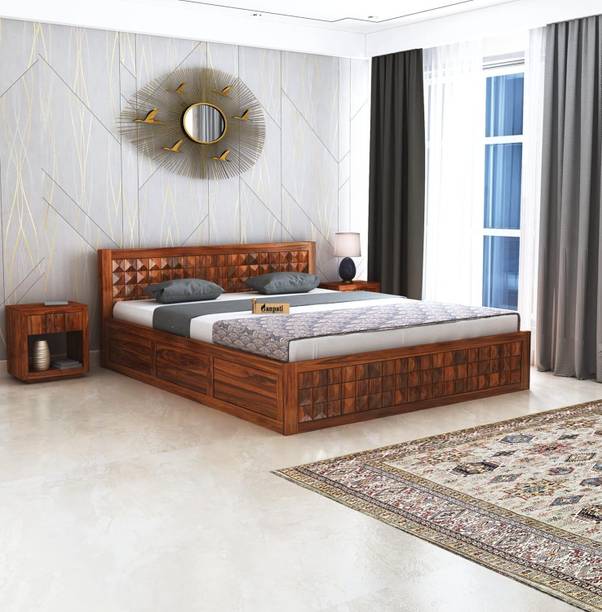 Ganpati Arts Sheesham Wood Oslo Diamond Bed Living Room Double Bed/Cot with Box Solid Wood King Box Bed