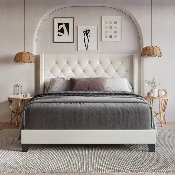 FEBERICA Engineered Wood Fabric Queen Size Bed with Upholstered Headboard for Bedroom | Engineered Wood Queen Bed