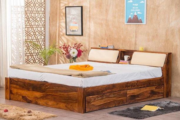 GOYALINTERIOR Sheesham Wood King Bed/Wooden Cot/Wooden Bed With Storage For Home Solid Wood King Drawer Bed