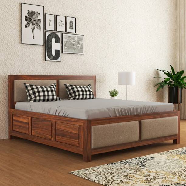 Shagun Arts Sheesham Wood Queen Size Bed With Upholstered Headboard For Bedroom/ Kids Room | Solid Wood Queen Box Bed