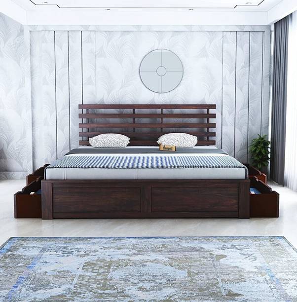 Ganpati Arts Sheesham Wood Queen Size Bed for Bedroom/Home/Hotel/Living Room (With Storage) Solid Wood Queen Drawer Bed