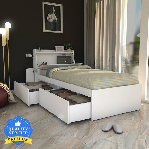 Studio Kook Tribe Left with Headboard storage Engineered Wood Single Drawer Bed
