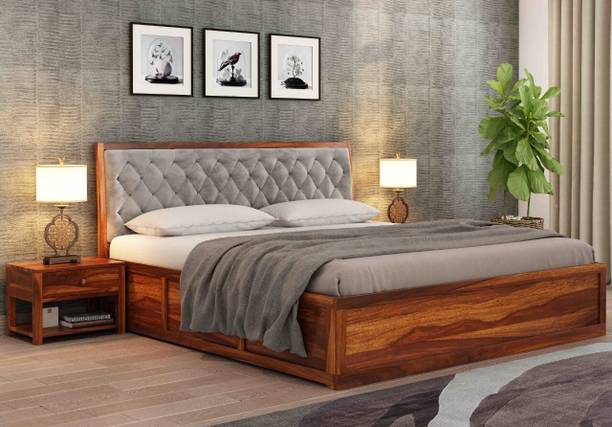 DITHA Furniture Solid Sheesham Wood King Size Bed With Fabric Headboard For Bedroom. Solid Wood King Box Bed