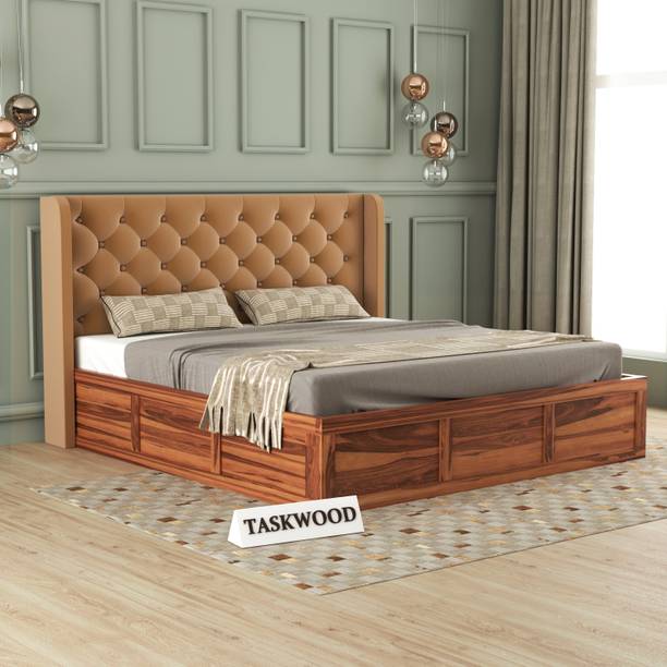 Taskwood Furniture Solid Wood King Size Bed With Fabric Headboard And Box Storage For Bedroom Solid Wood King Box Bed