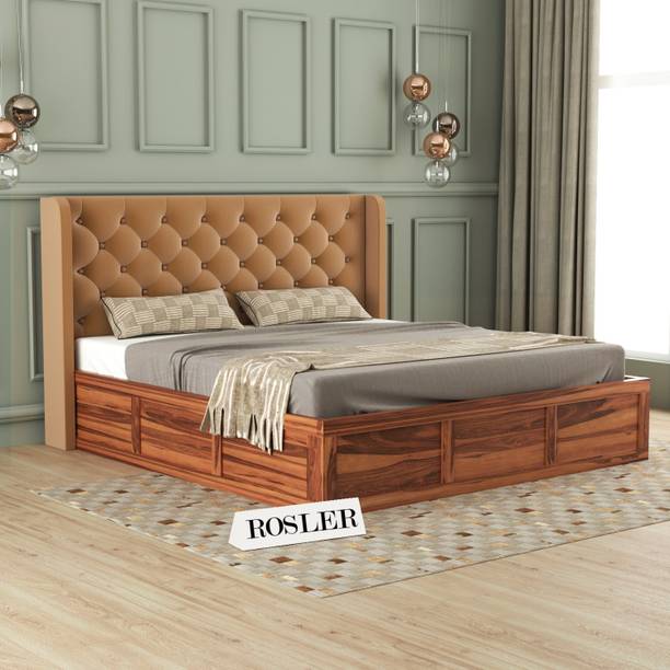 ROSLER WOODWORK Solid Sheesham Wood Queen Size Bed With Fabric Headboard Box Storage For Bedroom Solid Wood Queen Box Bed