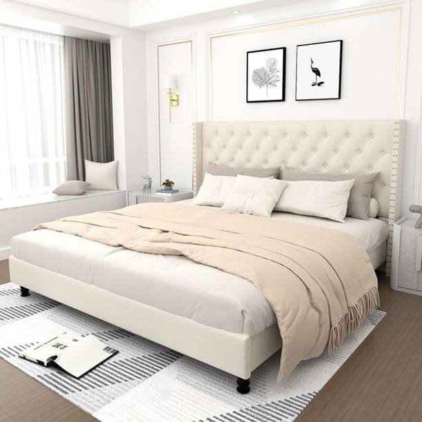 HDWOOD Engineered Wood King Size Fabric Bed With Button Tufted Headboard For Bedroom || Engineered Wood King Bed