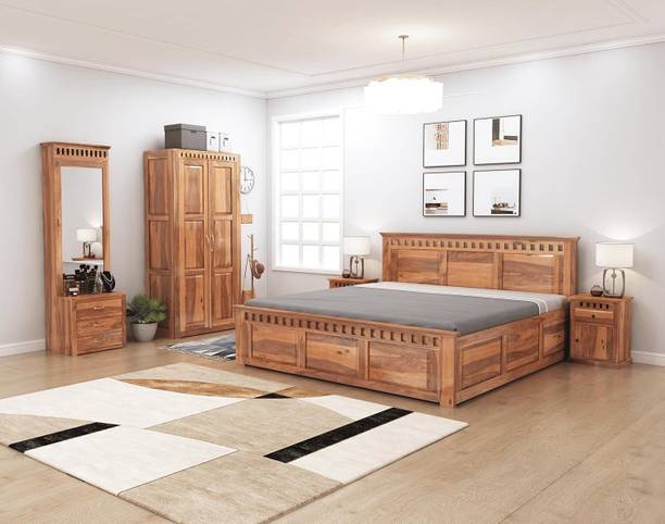 SONA ART & CRAFTS Kuber Solid Wood King Size Bed with Storage Box & 2 Bedside, Almirah Solid Wood Queen Bed, 208.28 cm x 160.02 cm (6.83 ft x 5.25 ft)