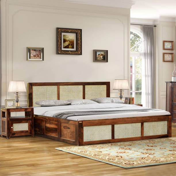 RAJWADA FURNISH Rattan Solid Wood Cane King Size Bed With Hydraulic Storage for Bedroom Solid Wood King Hydraulic Bed