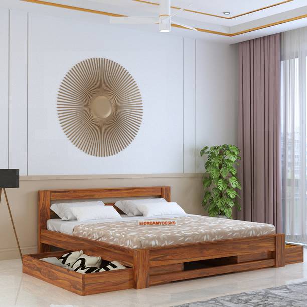 Dreamydesks Eterna Solid Wood low Height Drawer storage Bed for Bedroom 1-Year Warranty Solid Wood King Drawer Bed