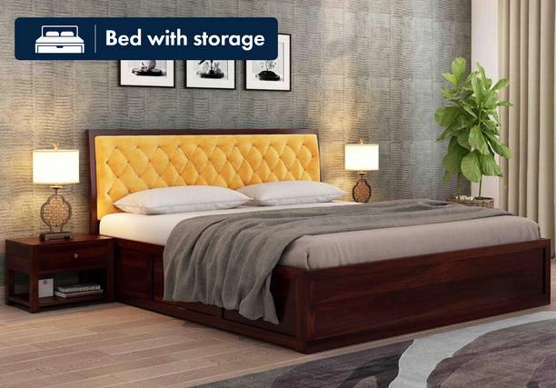 DITHA Solid Wood Bed| Wooden King Size Bed|Sheesham Wood Box Bed|Fabric Headboard Bed| Solid Wood King Box Bed, 208 cm x 187 cm (6.82 ft x 6.14 ft)