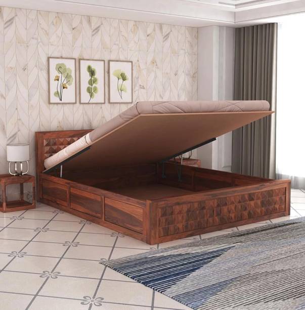 GOYALINTERIOR Sheesham Wood King Bed/Wooden Bed/Palaung With Hydraulic Storage For Home Solid Wood King Hydraulic Bed