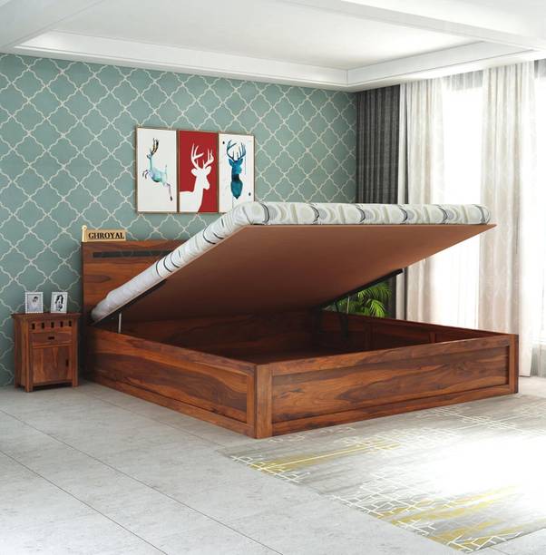 GOYALINTERIOR Sheesham Wood King Bed/Wooden Bed/Palaung With Hydraulic Storage For Home Solid Wood King Hydraulic Bed