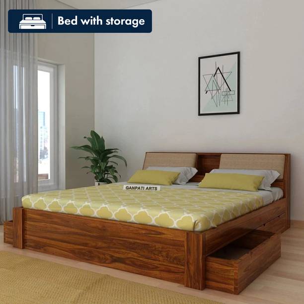 Ganpati Arts Sheesham Wood Mayor Bed For Bedroom/Wooden Cot/Bed With Drawer Storage For Home Solid Wood Queen Drawer Bed, 223.52 cm x 157.48 cm (7.33 ft x 5.17 ft)