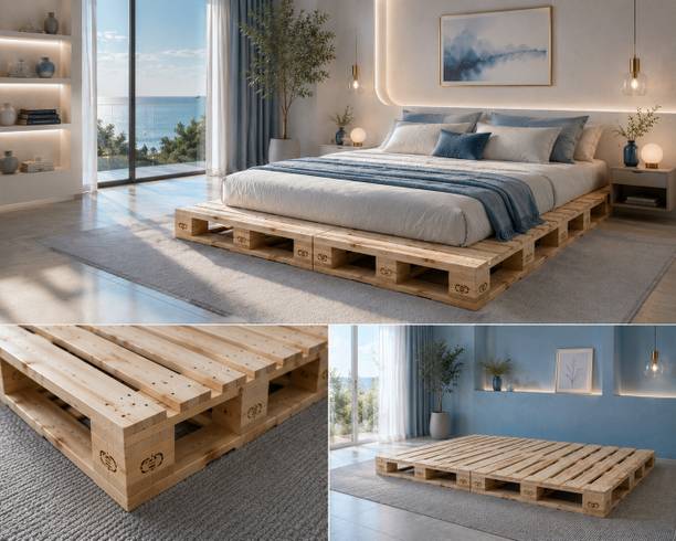 Wakeflow Elegant pallet platform 4x3 designed luxury, comfort,natural aesthetic bedroom Engineered Wood Double Bed, 122 cm x 92 cm (4.0 ft x 3.02 ft)
