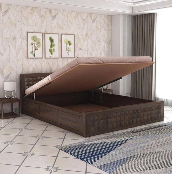 GOYALINTERIOR Sheesham Wood King Bed/Wooden Bed/Palaung With Hydraulic Storage For Home Solid Wood King Hydraulic Bed