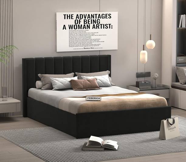FEBERICA Queen Size Upholstered Bed with Vertical Panel Headboard Modern Fabric Bed Frame Engineered Wood Queen Box Bed, 205.74 cm x 152.4 cm (6.75 ft x 5.0 ft)