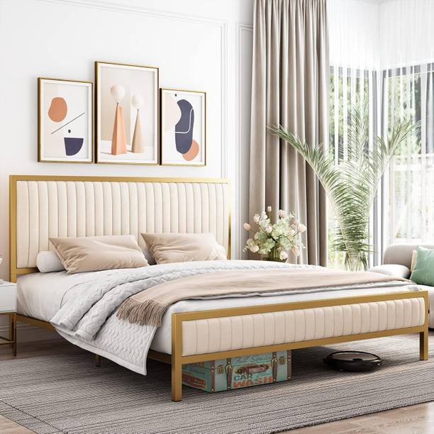 Klofiy Klofiy modern upholstered metal queen bed (cream) Metal Queen Bed, 205 cm x 160 cm (6.73 ft x 5.25 ft)