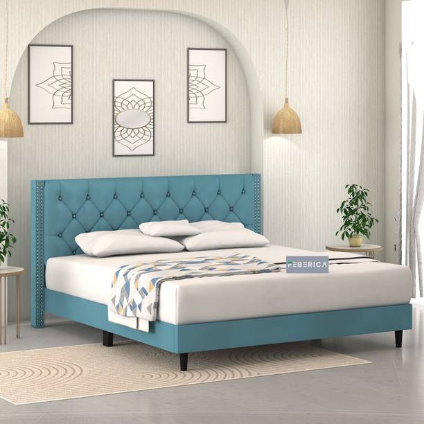 FEBERICA Engineered Wood Fabric Queen Size Bed with Upholstered Headboard for Bedroom | Engineered Wood Queen Bed