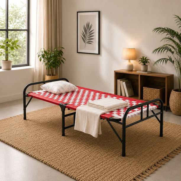Malik Enterprises Folding Cot Bed 6 Feet by 3 Feet | Portable Single Sleeping Cot Metal Frame Blue Metal Single Bed, 90 cm x 60 cm (2.95 ft x 1.97 ft)