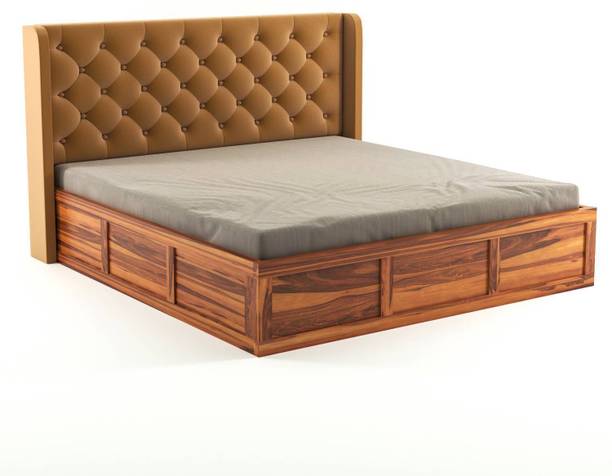 CRIGE Solid Wood King Size Bed With Fabric Headboard And Box Storage For Bedroom Solid Wood King Box Bed