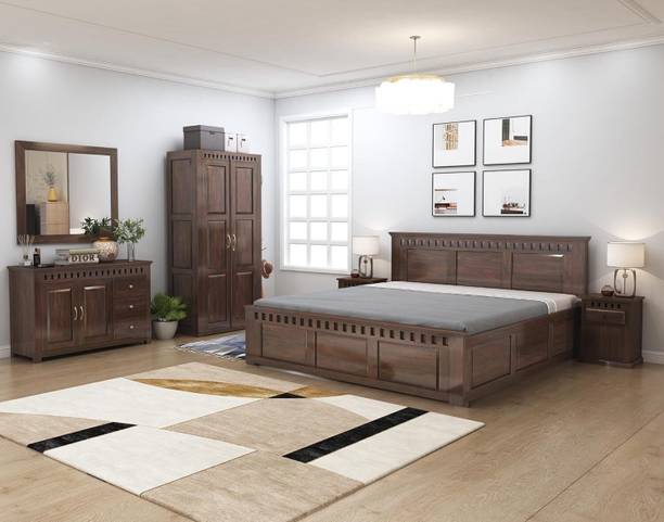 SONA ART & CRAFTS Kuber Box Storage Queen Bed, Drawer Chest, Cabinet, Mirror & Bedside Tables Solid Wood Queen Bed, 208.28 cm x 160.02 cm (6.83 ft x 5.25 ft)