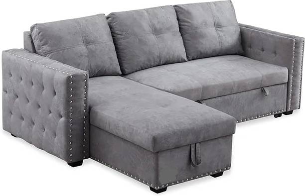 WoodenTwist Raafi Suede 5-Seater Left-Side L-Shape Solid Wood Storage Engineered Wood King Bed, 231 cm x 164 cm (7.58 ft x 5.38 ft)