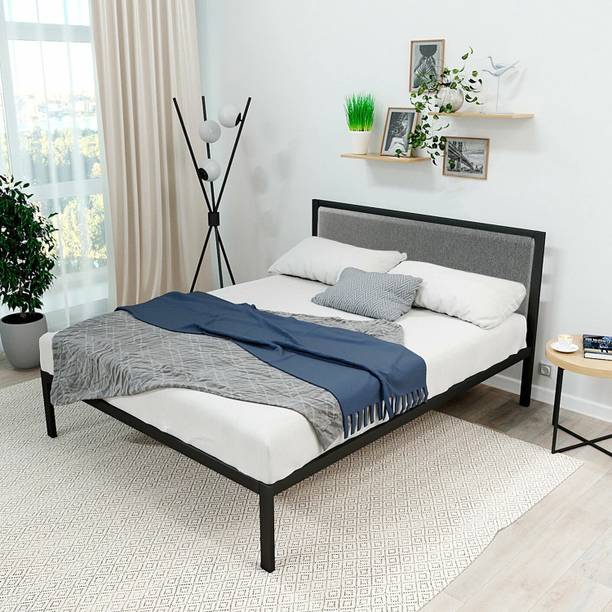 Jeometri Manila Metal Bed With Upholstered Headboard & Wooden Slats | 3 Years Warranty Metal Queen Bed