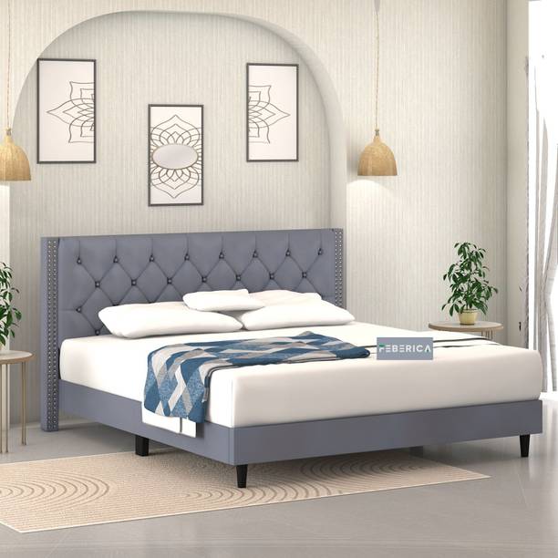 FEBERICA Engineered Wood Fabric Queen Size Bed with Upholstered Headboard for Bedroom | Engineered Wood Queen Bed