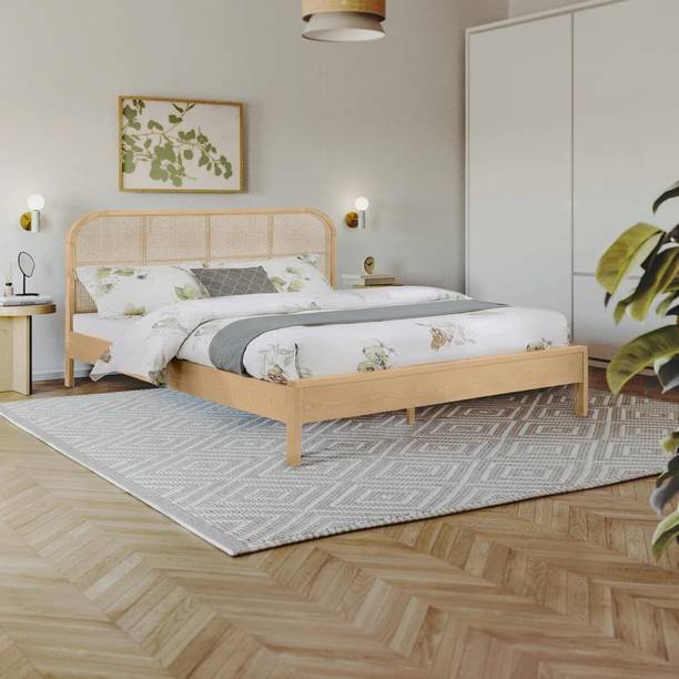 ISHIKAFURNITURE Orion Platform Bed with Rattan Cane Webbing Headboard Solid Wood King Bed, 208 cm x 190 cm (6.82 ft x 6.23 ft)