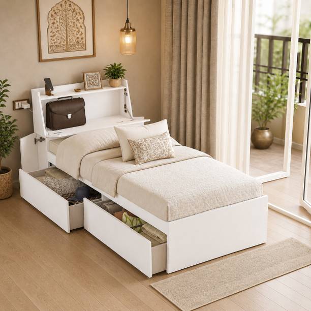 Studio Kook Tribe Left with Headboard storage Engineered Wood Single Drawer Bed, 225 cm x 98.4 cm (7.38 ft x 3.23 ft)