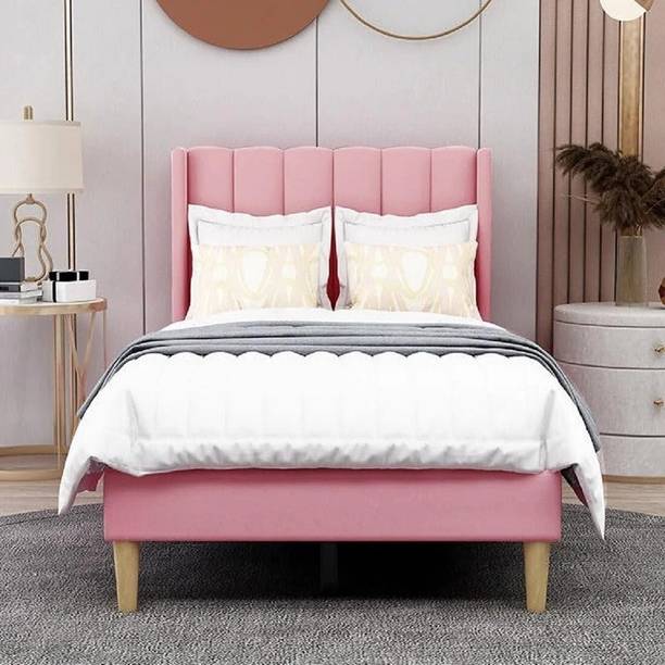 Klenta Home Decor Fabric Upholstered Single Bed With Headboard For Bedroom/ Hotel/ Kids Room || Solid Wood Single Bed