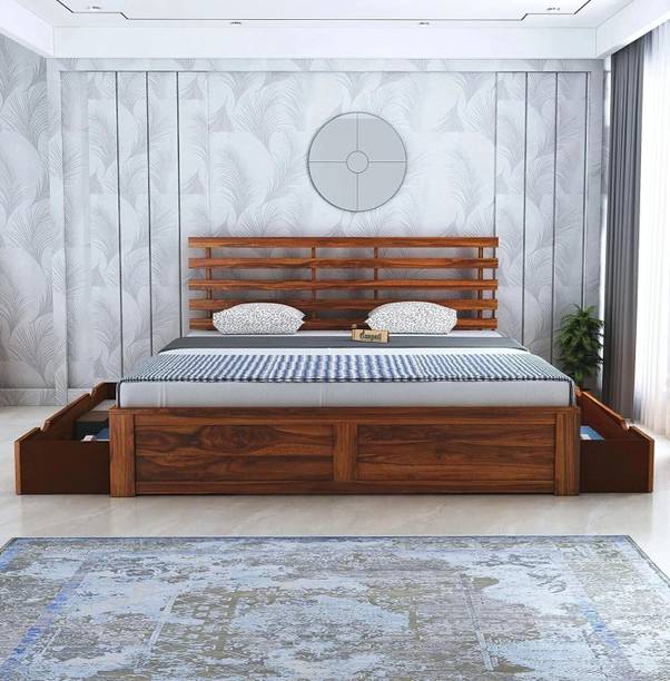 Ganpati Arts Sheesham Wood Strap Bed with 2 Drawers Storage for Bedroom Solid Wood Queen Drawer Bed