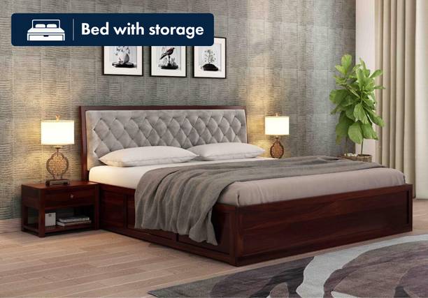 DITHA Solid Wood Bed| Wooden King Size Bed|Sheesham Wood Box Bed|Fabric Headboard Bed| Solid Wood King Box Bed, 208 cm x 187 cm (6.82 ft x 6.14 ft)