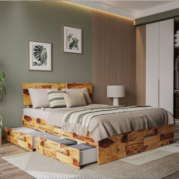 Rukmaajee Queen size bed with Drawer storage bed wooden cot for bedroom solid wood cot Solid Wood Queen Drawer Bed, 205.74 cm x 157.48 cm (6.75 ft x 5.17 ft)