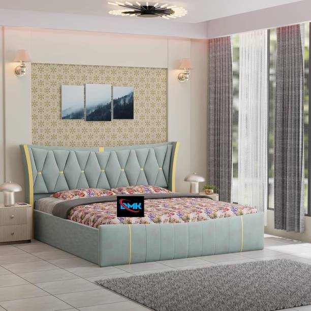DMKDecor Double cot bed, Double bed furniture, Upholstered Headboard Engineered Wood King Box Bed