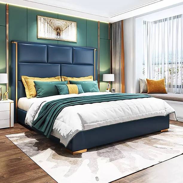HighTable Modern Blue Platform Storage Bed with Tall Upholstered Headboard & Lift-Up Frame Solid Wood Double Box Bed