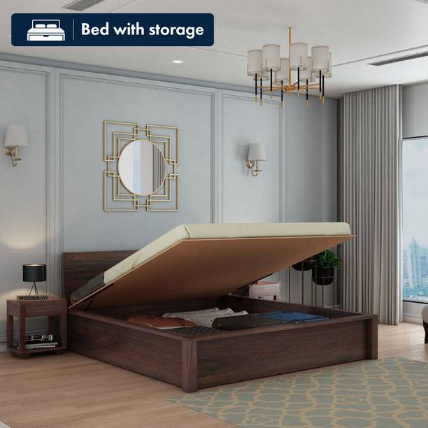 WoodLab Wood King Bed/Wooden Bed With Hydraulic Storage/Wooden Palaung For Home Solid Wood King Hydraulic Bed, 212.09 cm x 195.58 cm (6.96 ft x 6.42 ft)
