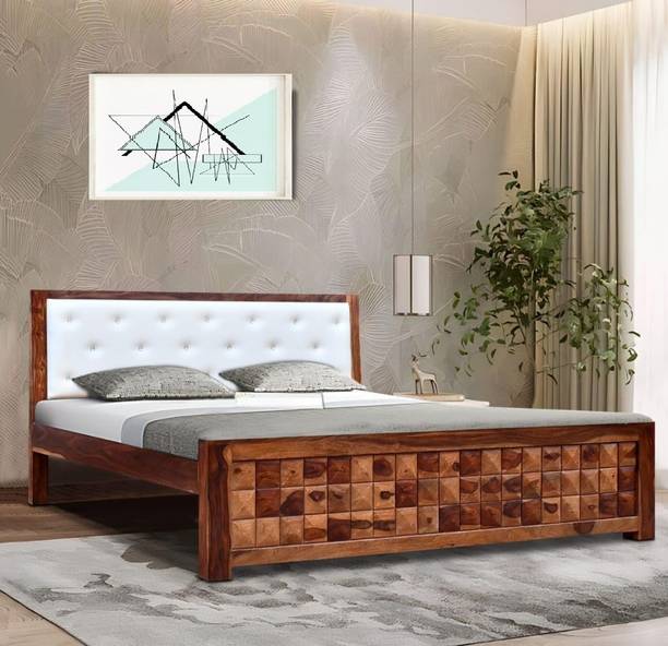 WoodMart Greyish Upholstered Cushioned Headboard for Bedroom|Rosewood Solid Wood King Bed