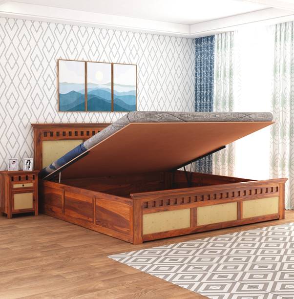 GOYALINTERIOR Sheesham Wood King Bed/Wooden Bed/Palaung With Hydraulic Storage For Home Solid Wood King Hydraulic Bed