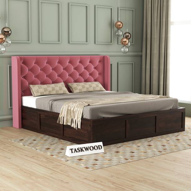 Taskwood Furniture Solid Wood King Size Bed With Fabric Headboard And Box Storage For Bedroom Solid Wood King Box Bed