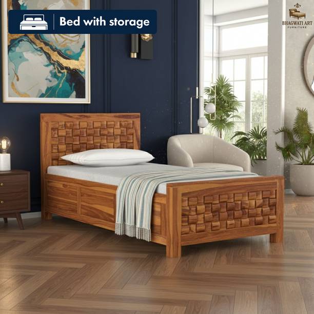Bhagwati Arts Solid Sheesham Wood Single Size For Bedroom/ Hotel | Solid Wood Box Bed Solid Wood Single Box Bed, 96.52 cm x 213.36 cm (3.17 ft x 7.0 ft)